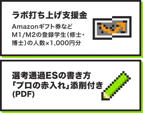 ラボ打ち上げ支援金 Amazonギフト券などM1/M2の登録学生（修士・博士）の人数×1000円分。選考通過ESの鉄則「プロの赤入れ」例付き(pdf)。
